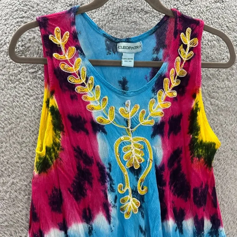 Cleopatra Women's One Size Tie Die‎ Cover-Up Embroidered Sequins Flowy Beach